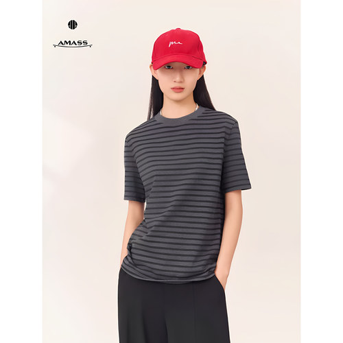 阿玛施条纹显瘦短袖T恤女款