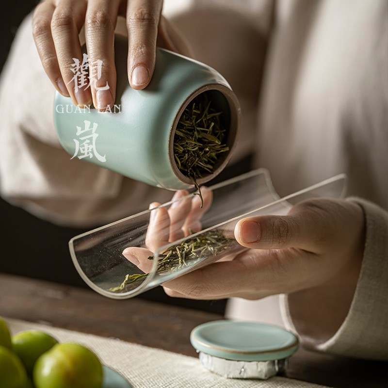 汝窑茶叶罐直筒小号家用密封罐普洱茶开片可养功夫茶具收纳储存罐