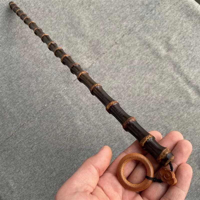 紫竹根教鞭手把件玩紫竹藤戒尺实心玉化竹节鞭高密度老料手工精磨