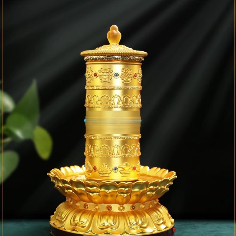 新款藏式莲花转轮电动转筒转运轮客厅家用摆件八吉祥转金筒转金桶
