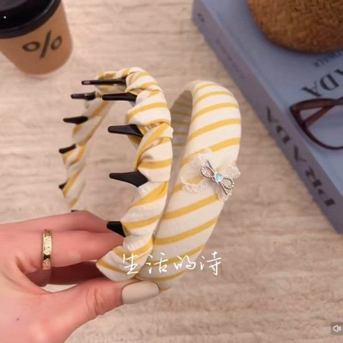 【巨好看的发箍】黄色条纹倒插梳子高颅顶发箍清新百搭女洗脸发饰
