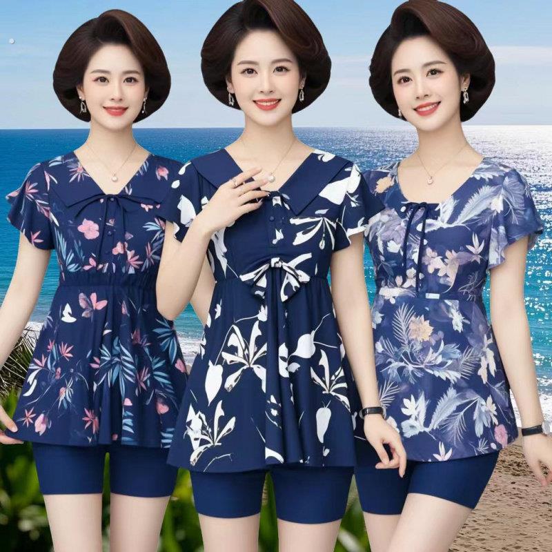 游泳女士妈妈款中老年人分体保守遮肚显瘦温泉200斤大码带袖泳衣