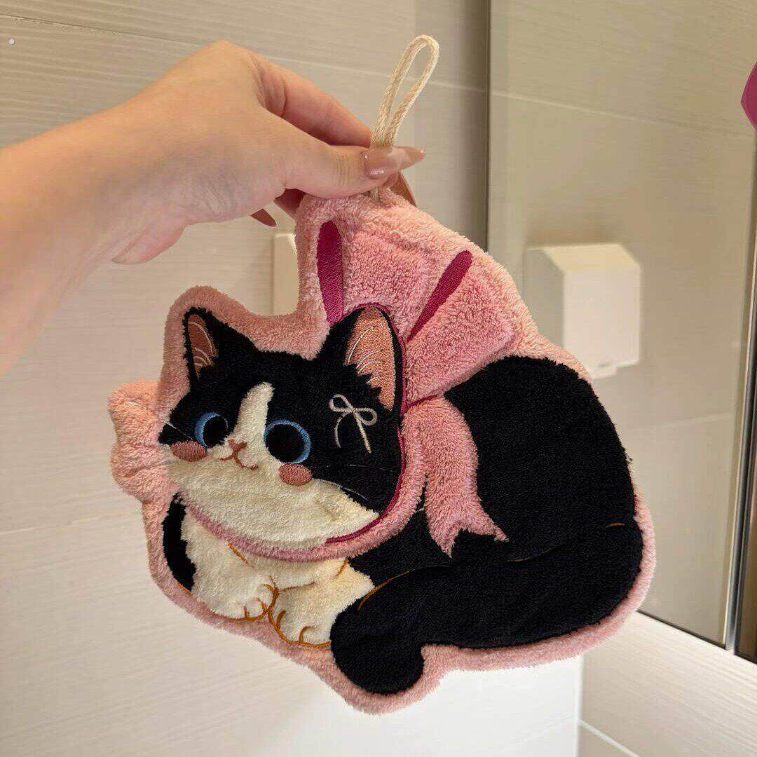 可爱猫咪擦手巾挂式超强吸水加厚厨房化妆室毛巾手帕珊瑚绒小方巾