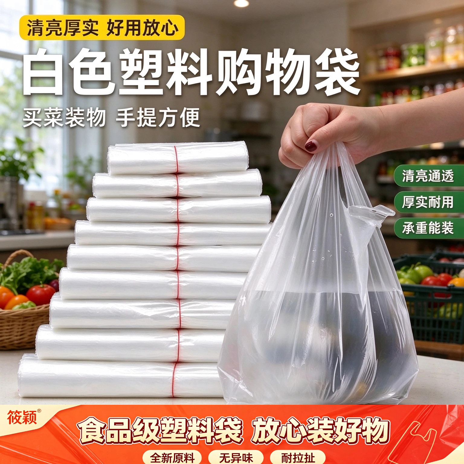 白色家用塑料袋透明加厚包装袋食品级手提式超市购物袋外卖打包袋