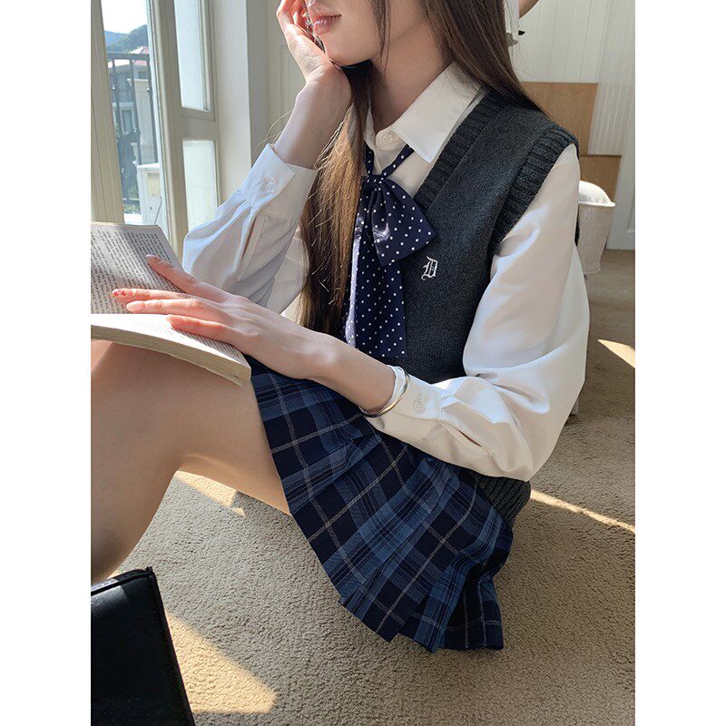 东京岁时记jk制服叠穿针织马甲背心女2024秋新款碳灰色灰野川马甲