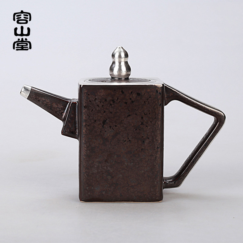 容山堂固德鎏银质小茶壶 陶瓷窑变天目日式普洱茶具四方紫砂壶款