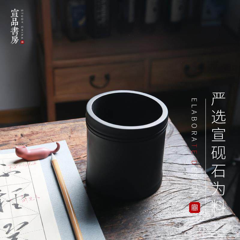 砚石笔筒复古中国风安徽宣城创意手工原石大容量圆形收纳盒笔罐