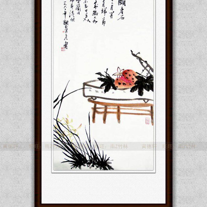 纯手绘国画仿名人字画名家潘天寿条幅禅意水墨兰花石榴图花鸟挂画