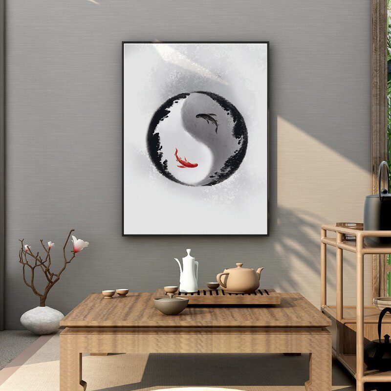 定做太极图挂画阴阳鱼新中式禅意装饰画茶室抽象玄关背景墙壁画