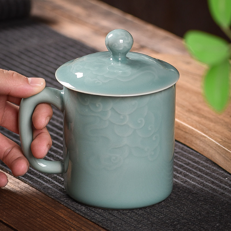 青瓷茶杯家用带盖水杯茶具杯高档老板杯刻花祥云办公杯会议礼品杯