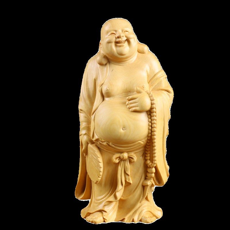 小叶黄杨木雕摆件居家佛像实木雕刻木质工艺把件送礼笑佛拿扇弥勒