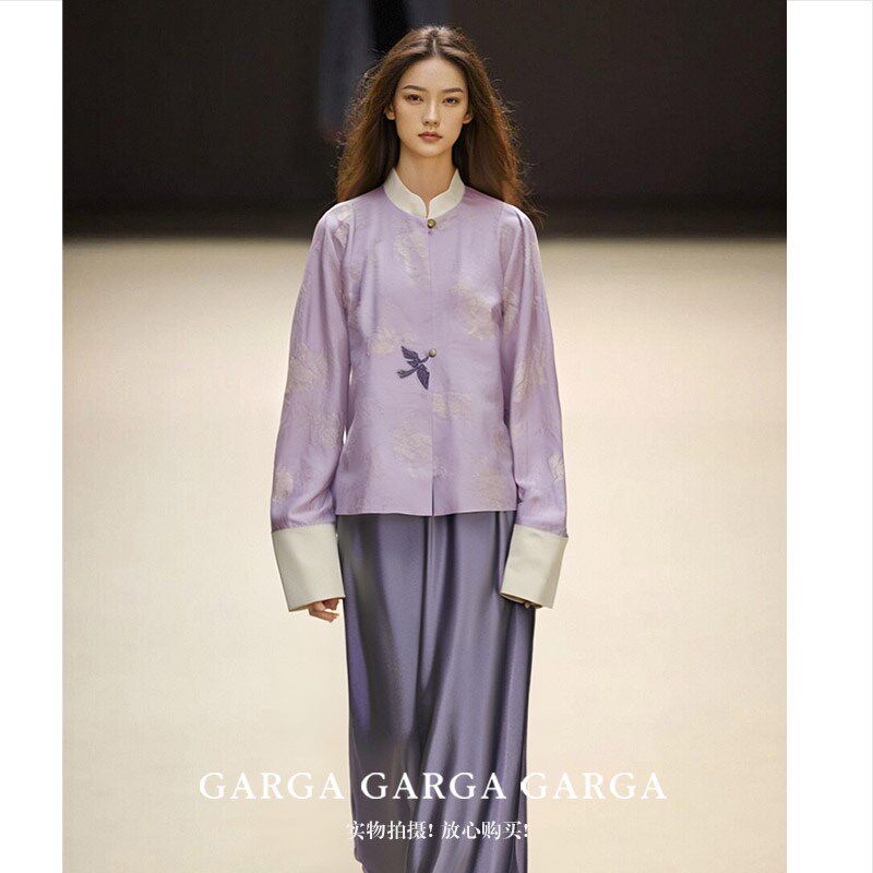 GARGA新中式国风紫色提花外套女汉服小众高级感短外套吊带裙套装