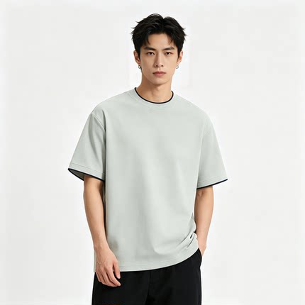 QiiQBrand浅绿男士短袖T恤夏季薄款撞色领高级感通勤宽松打底上衣