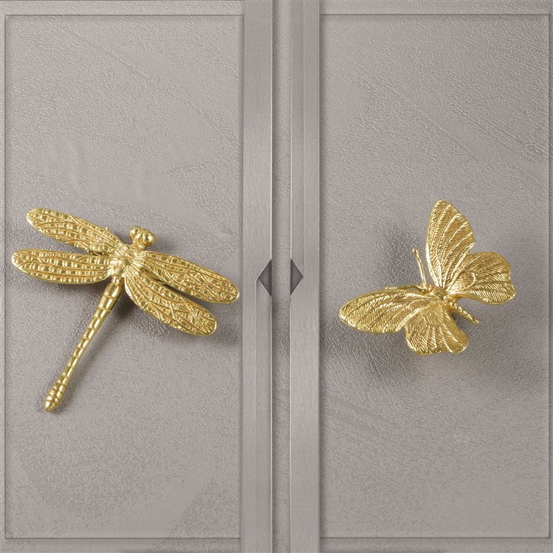 【纯黄铜】蜻蜓蝴蝶拉手纯铜抽屉衣柜柜门小把手橱柜复古新中式铜