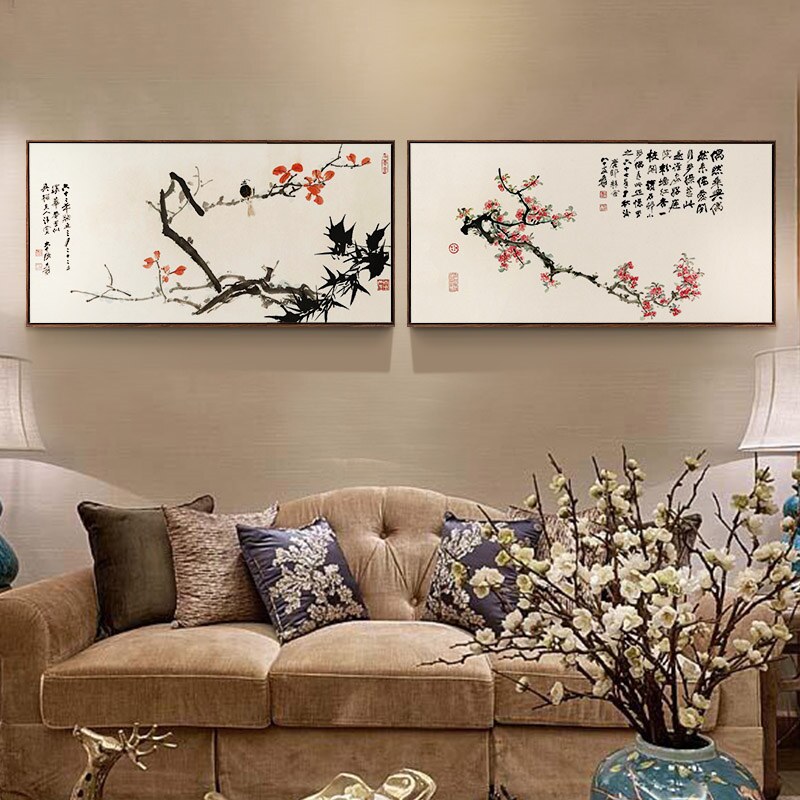 张大千梅花图挂画横幅装饰画新中式客厅水墨画书房兰花壁画定做