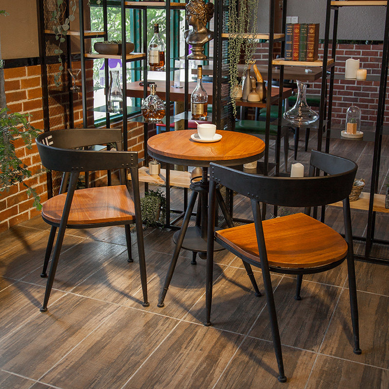 阳台休闲桌椅欧式复古铁艺小圆桌奶茶咖啡店餐厅休闲实木椅子组合