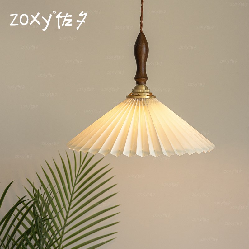 zoxy佐夕 单头胡桃木吊灯 法式复古褶皱怀旧卧室床头餐厅木艺灯具