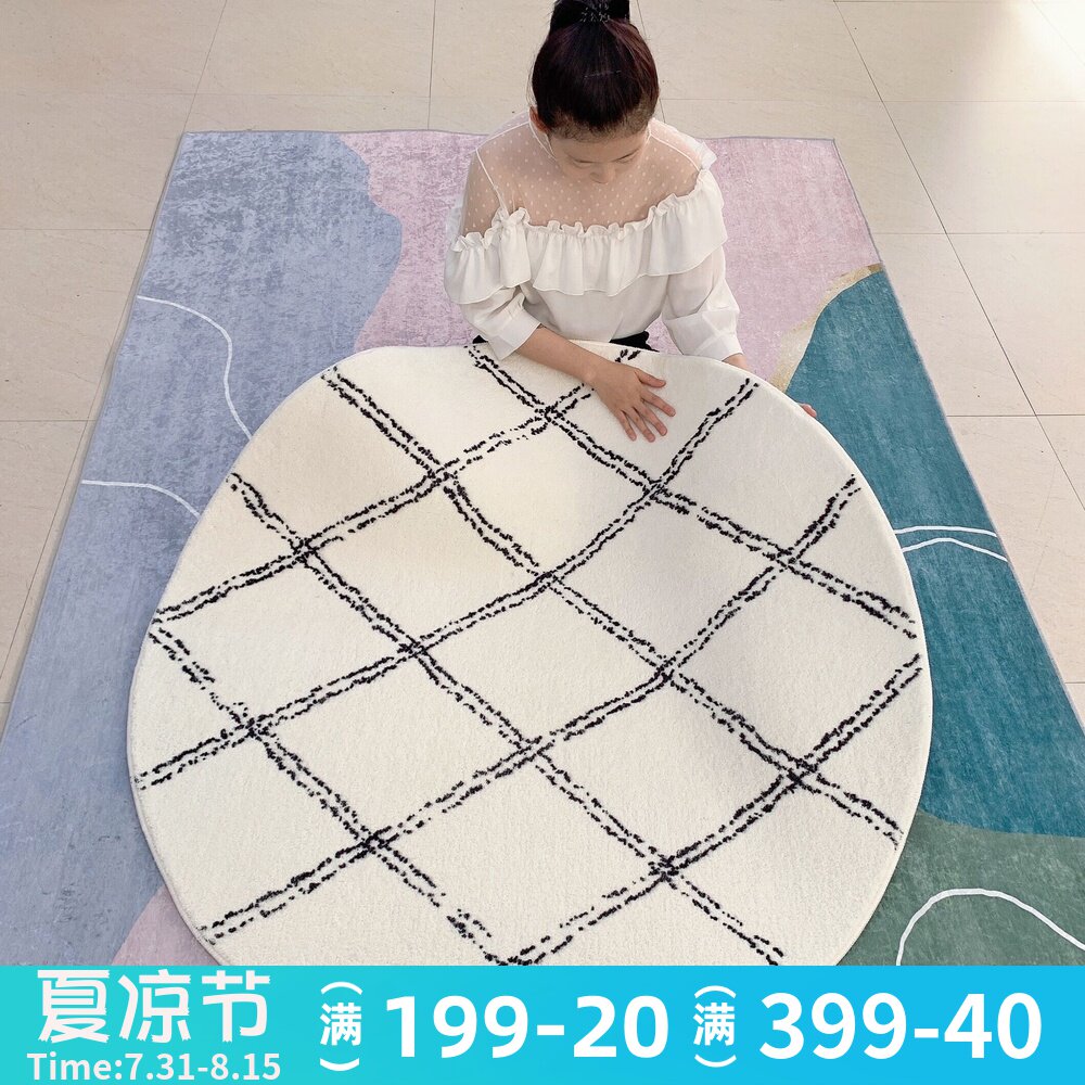 北欧简约加厚圆形地毯日式黑白线条客厅茶几圆垫卧室转椅吊篮地毯