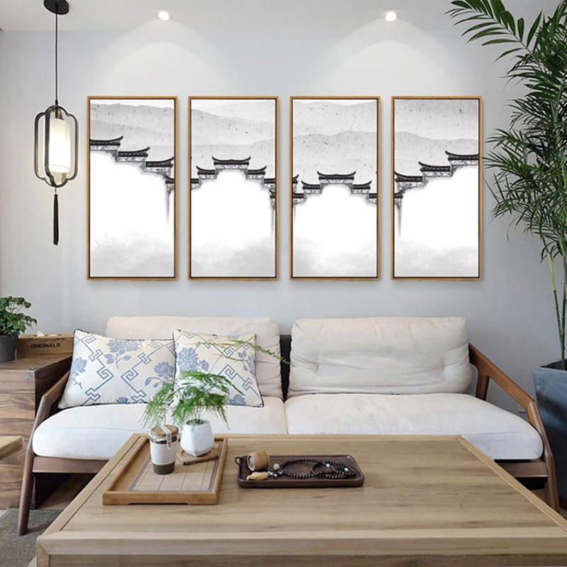 新中式客厅装饰画徽派建筑壁画沙发背景墙四联竖禅意挂画水墨国画