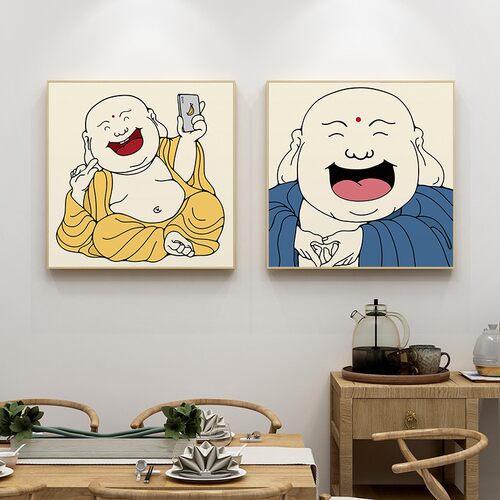 大肚弥勒笑佛像挂画新中式餐厅客厅背景墙面装饰房间卧室床头壁画