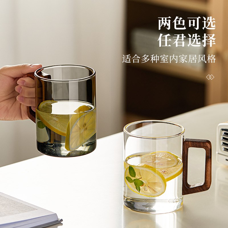 耐高温玻璃杯家用待客泡茶杯高档绿茶杯水杯套装带木把手喝水杯子
