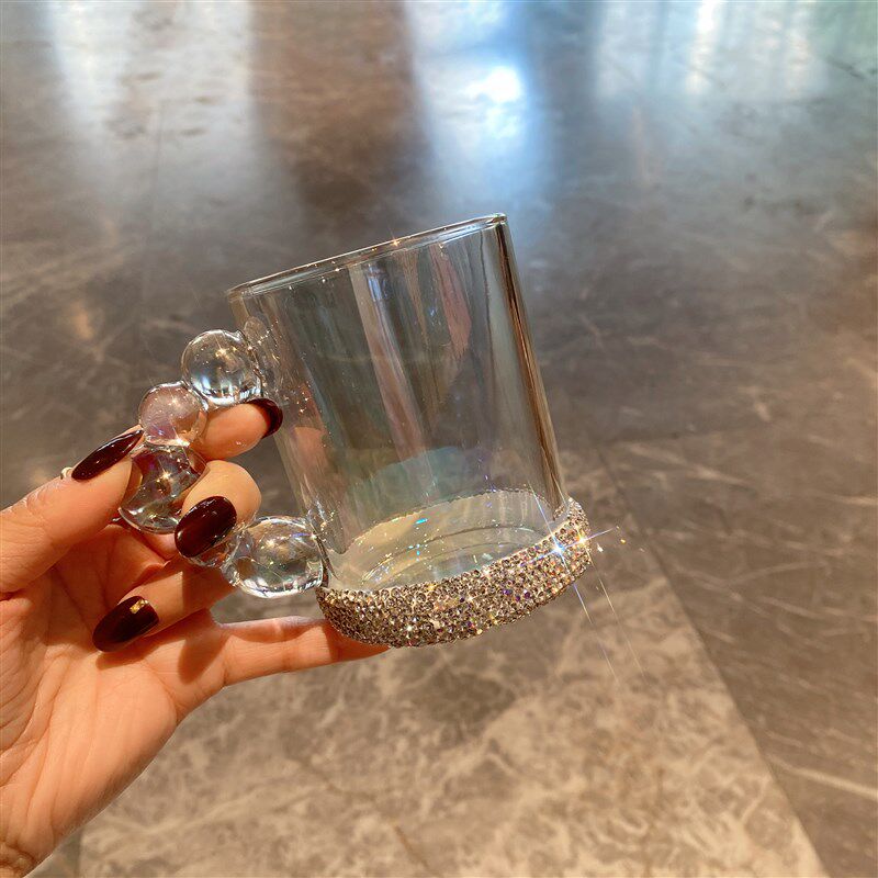 高级感小众炫彩玻璃杯轻奢镶钻家用办公葫芦手柄咖啡杯果汁饮料杯