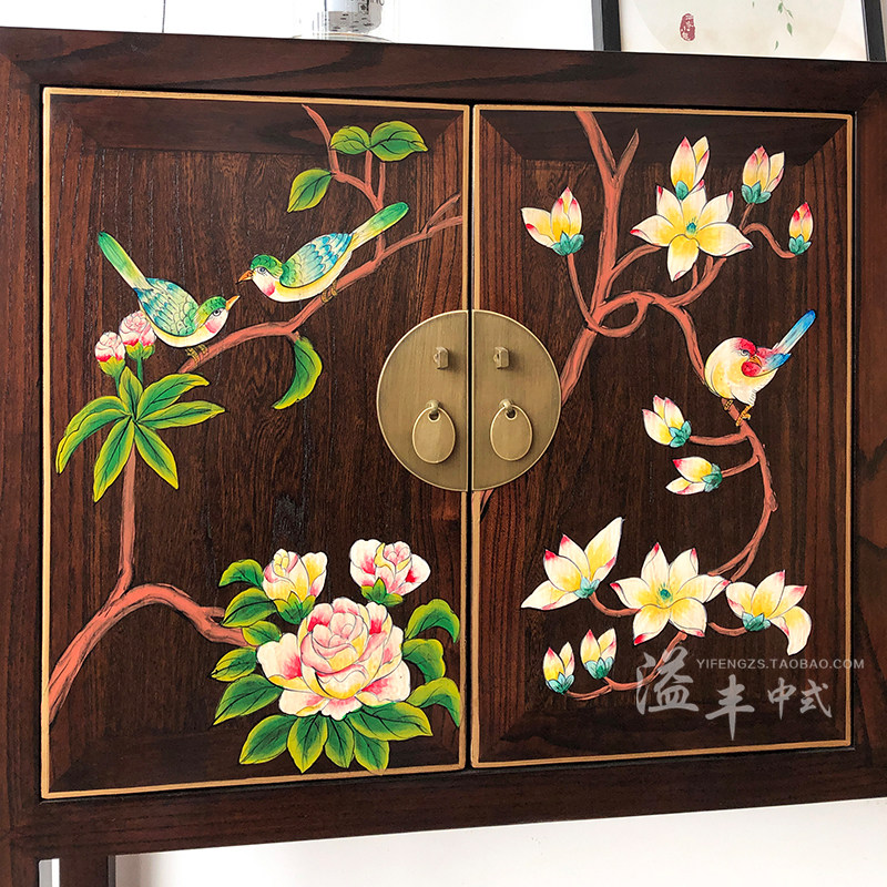新中式实木餐边柜彩绘玄关柜储物隔断柜手绘复古典百搭客厅装饰柜