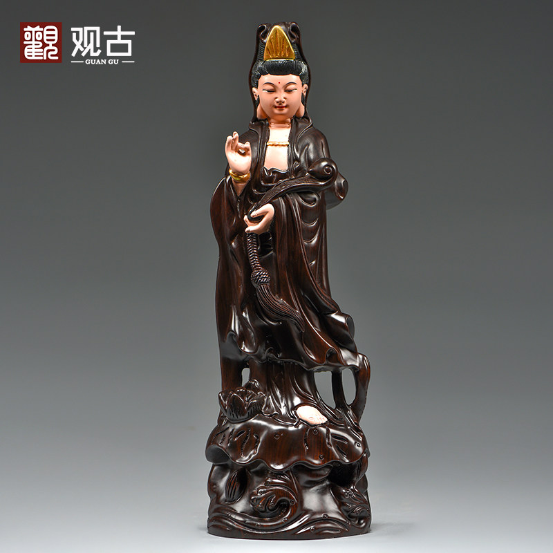 黑檀实木雕刻观音菩萨佛像摆件彩绘观世音家用客厅供奉装饰工艺品