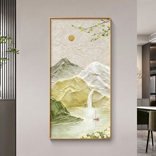 流水生财玄关装饰画走廊过道挂画2023新款入户玄幻山水壁画奶油风