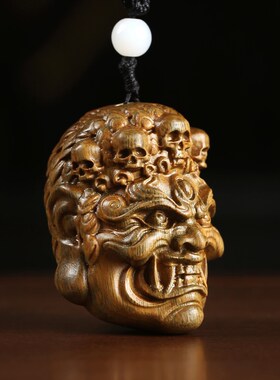 天然绿檀木雕刻不动明王佛头盘玩随身把玩手把件汽车挂件木雕吊坠