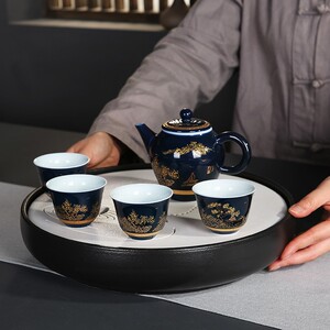 吉祥缘大号陶瓷茶盘圆形储水茶台嵌入式家用托盘中式黑白江南水乡