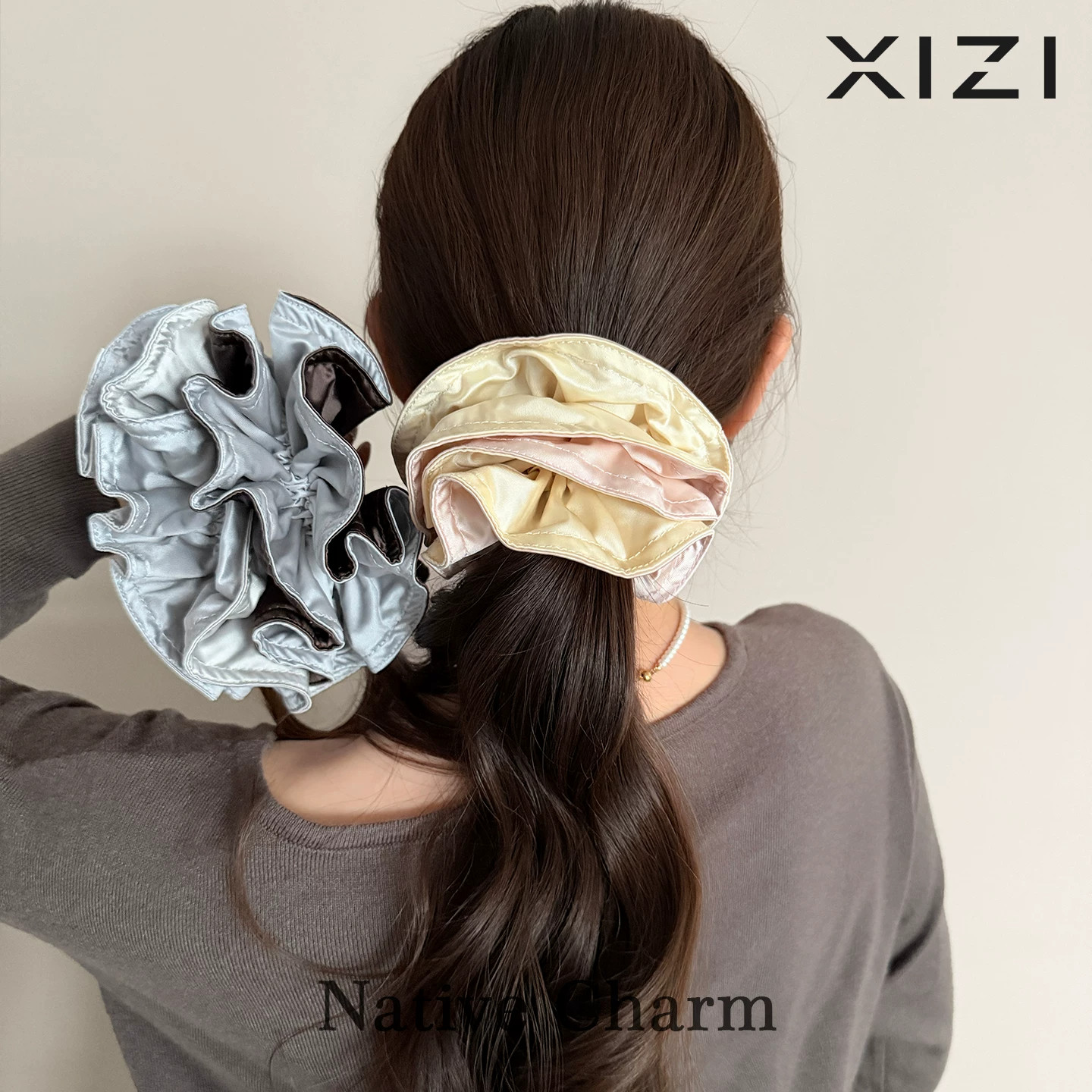 韩系珠光缎面花苞小蛮腰大肠发圈女高级感双层大号丸子头发绳发饰