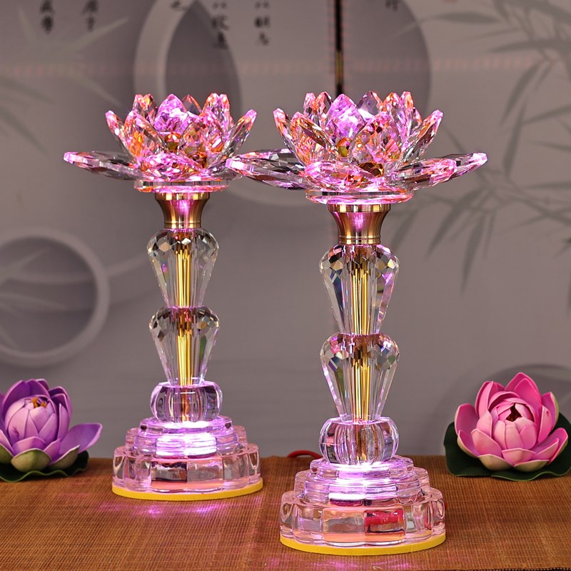 莲花灯新款家用插电LED七彩水晶荷花灯佛前供灯插电式财神灯黄光