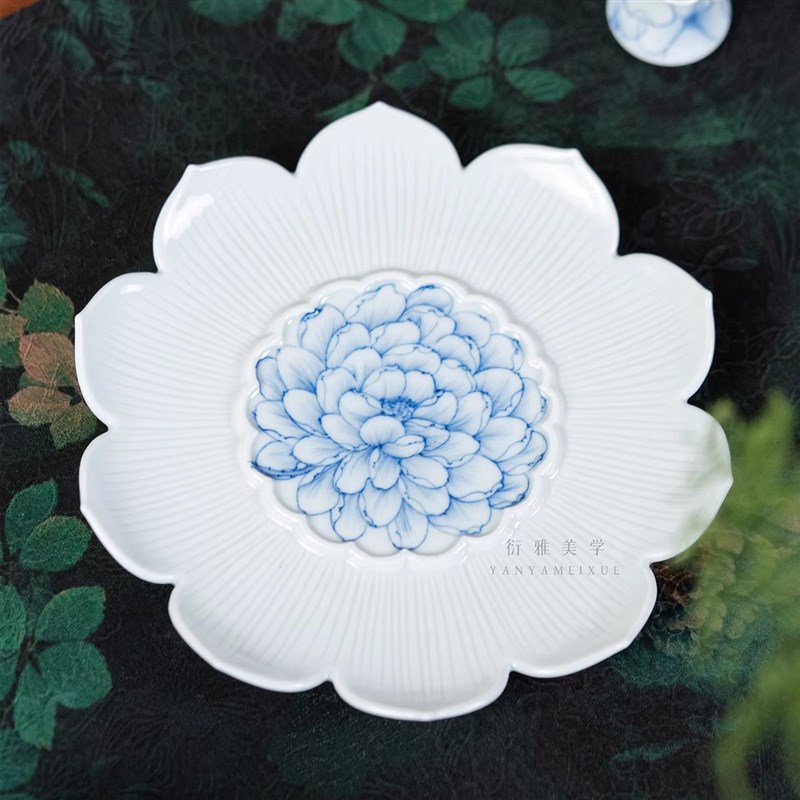 小雅家青樵轩景德镇手绘釉下彩淡描青花花开灿烂杯 壶承盖碗茶具