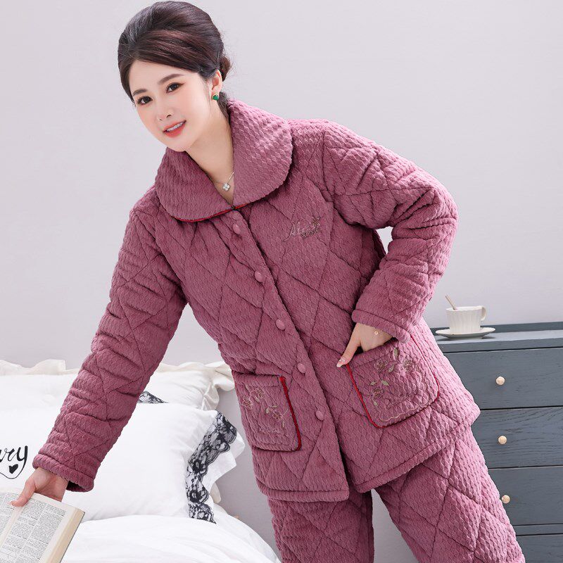 女士睡衣三层夹棉加绒加厚保暖秋冬季中老年妈妈珊瑚绒家居服套装