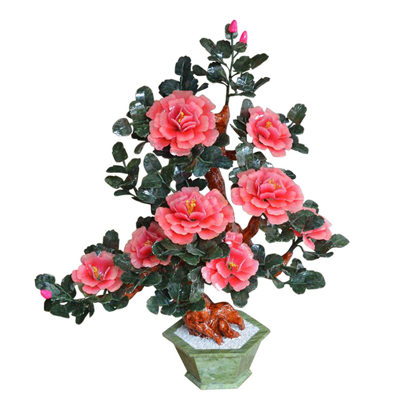 玉石雕刻牡丹花盆景客厅玉器工艺品花架茶几装饰品玄关博古架摆件