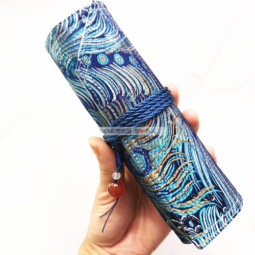 一诺千金手作新款蓝孔雀织锦缎国潮钢笔中国风笔帘古风绣花卷笔袋