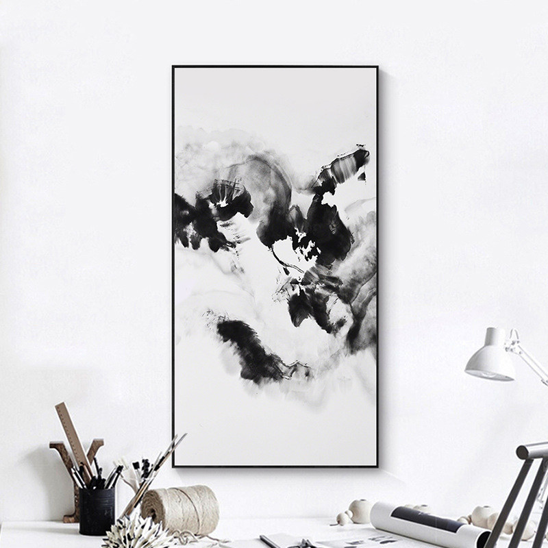 新中式沙发背景墙装饰画抽象黑白水墨画入户玄关挂画竖版书房墙画