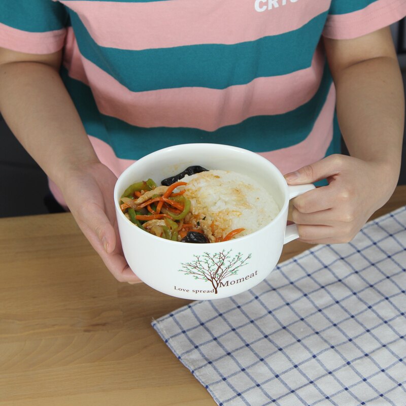 手把陶瓷碗饭盒带盖带把泡面碗便当盒碗单个带盖碗大号手柄碗创意图片