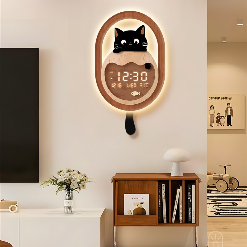 中古风客厅挂钟2025新款万年历电子钟表高级感猫咪电视背景墙时钟