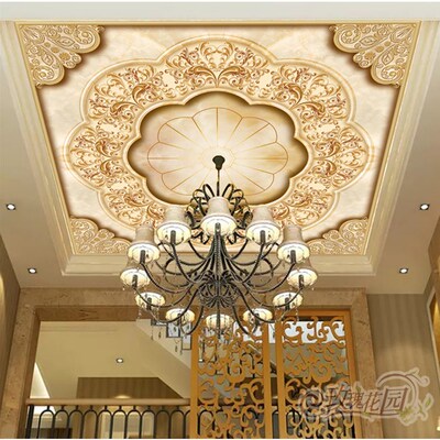 客厅天花板自粘壁画欧式花纹高档吊顶屋顶棚顶墙纸3d立体防水墙贴