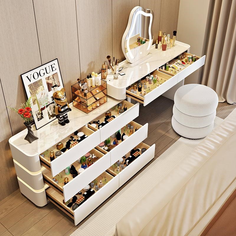 超薄极窄30cm梳妆台一体斗柜卧室床尾柜岩板化妆台奶油风小收纳柜