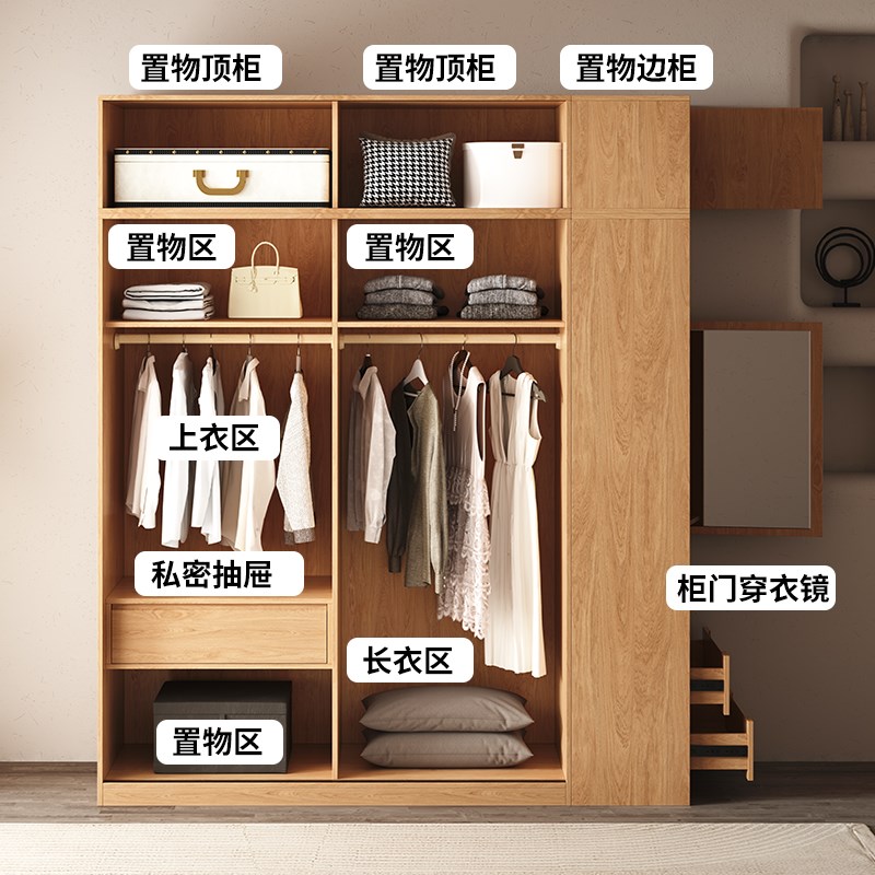 定制全实木推拉门衣柜家用卧室收纳储物柜移门衣橱橡木滑门柜子