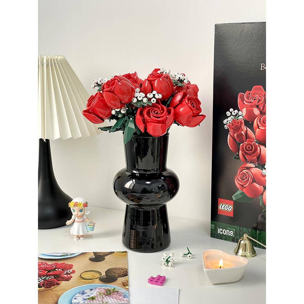 乐高玫瑰花瓶积木花束10328配套中古黑色花瓶桌面摆件节日摆花图片