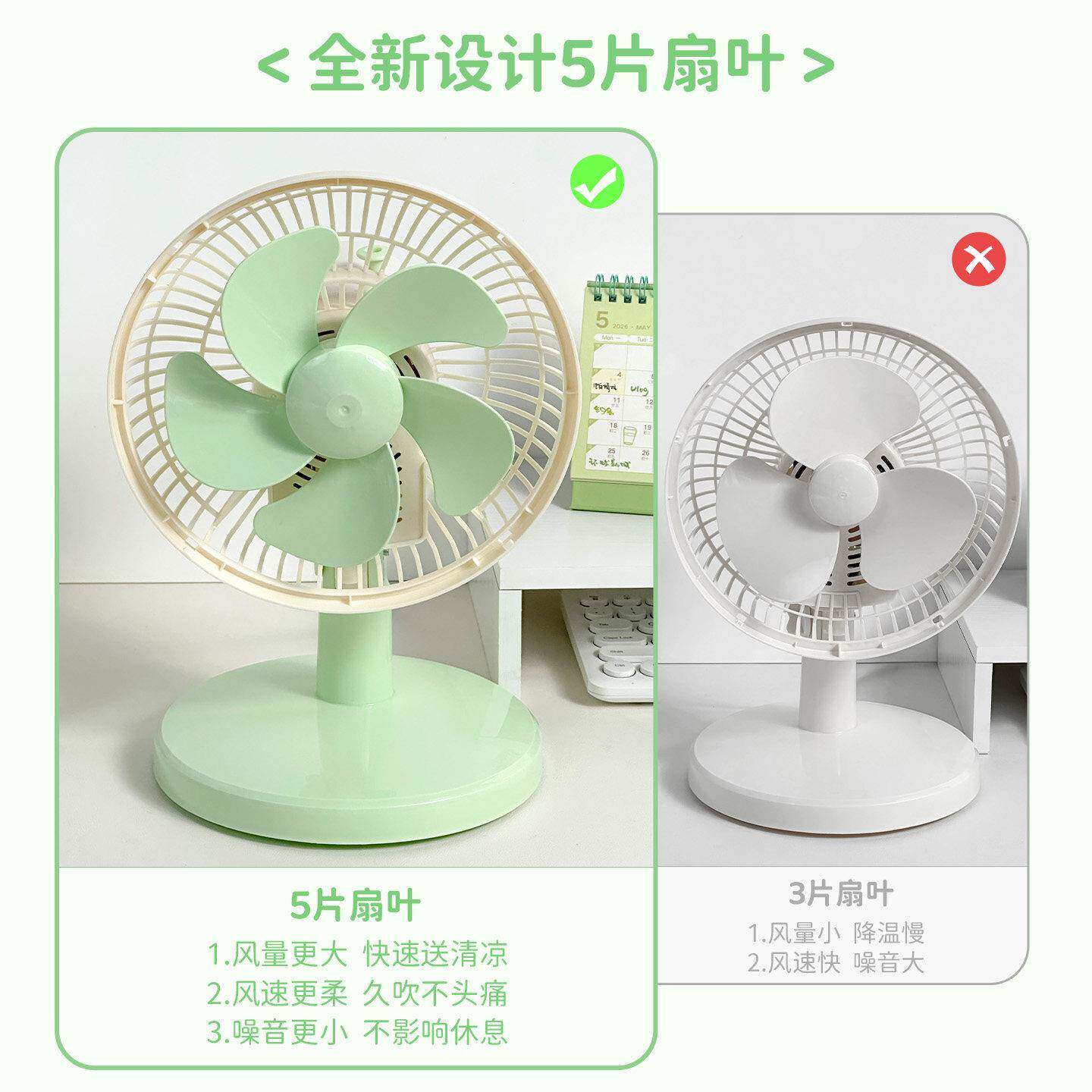 台式桌面风扇2026新款宿舍摇头五页电风扇办公室静音工位壁挂插