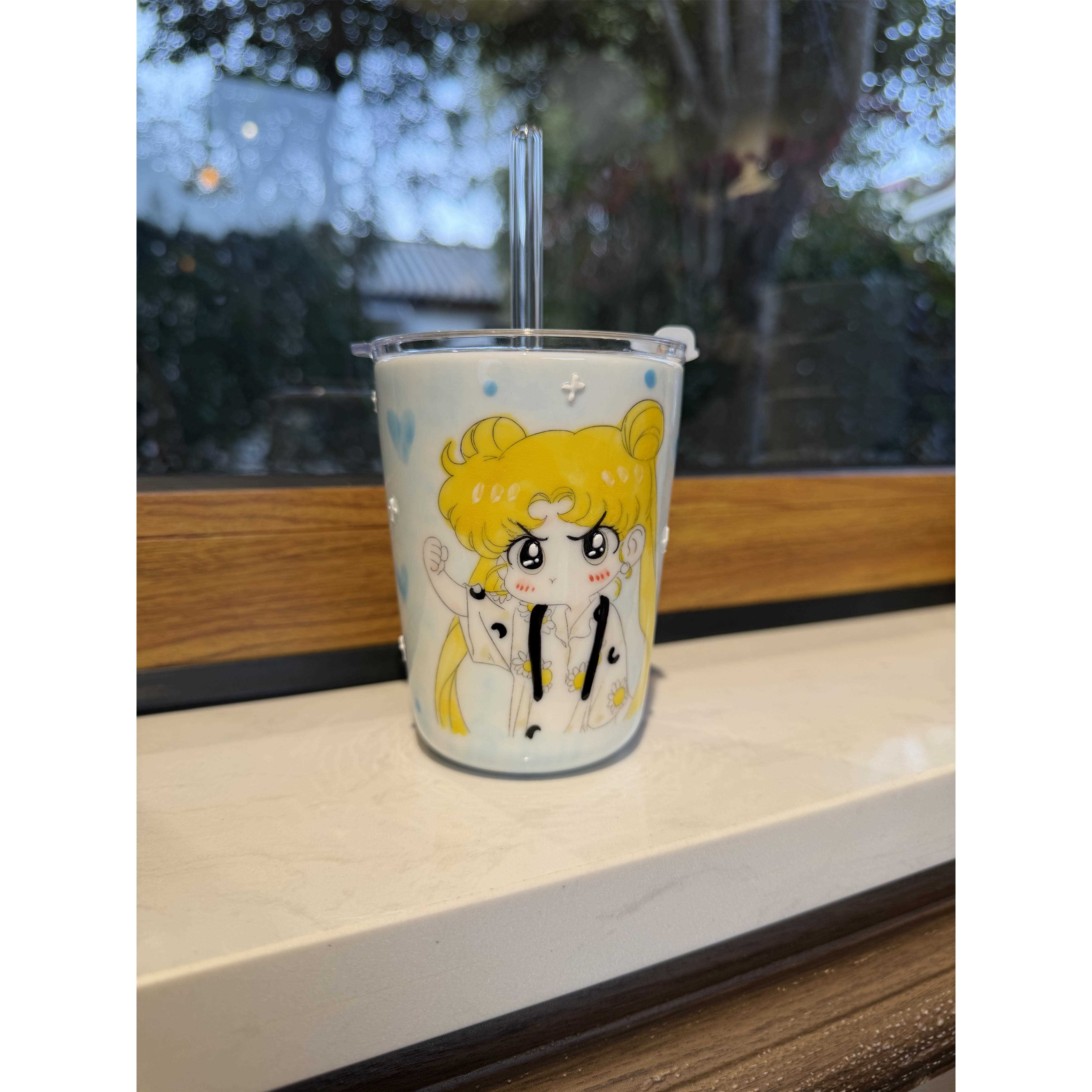 慧谷湖 景德镇高温釉下彩手绘美少女随手杯带盖吸管伴手礼居家办