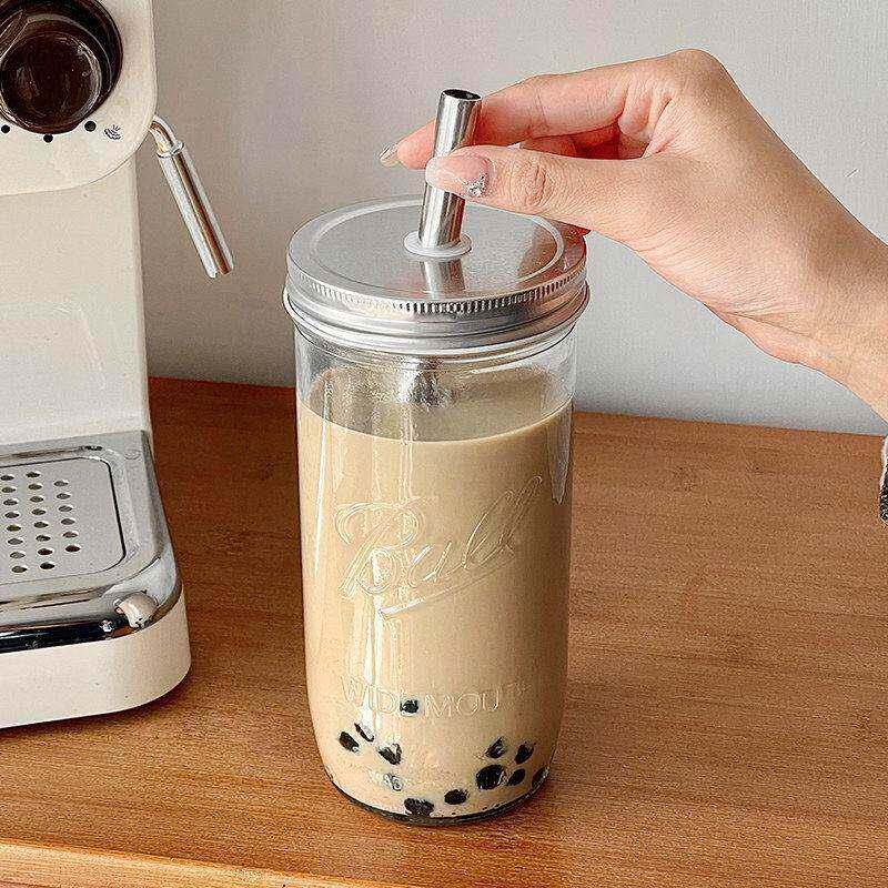 慧谷湖 珍珠奶茶杯 加粗吸管玻璃杯子ins风梅森杯咖啡杯大容量冷