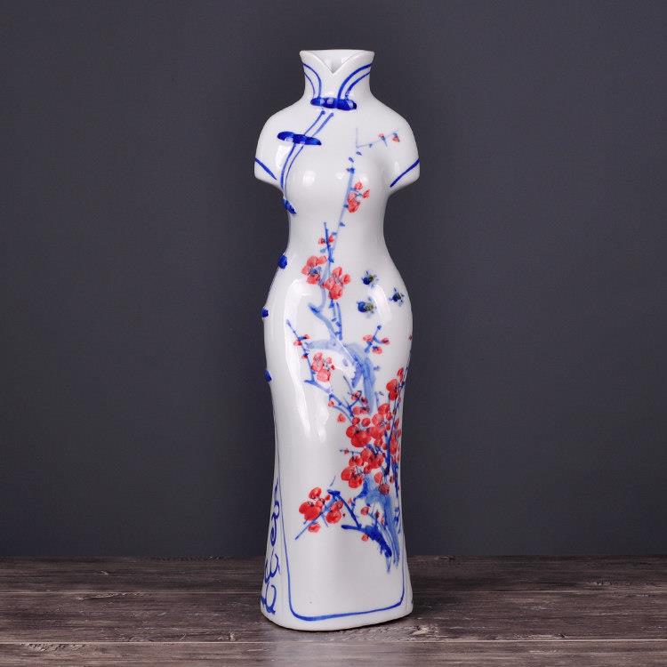 手绘景德镇陶瓷器青花瓷旗袍美女花瓶插花家居客厅装饰摆件礼品