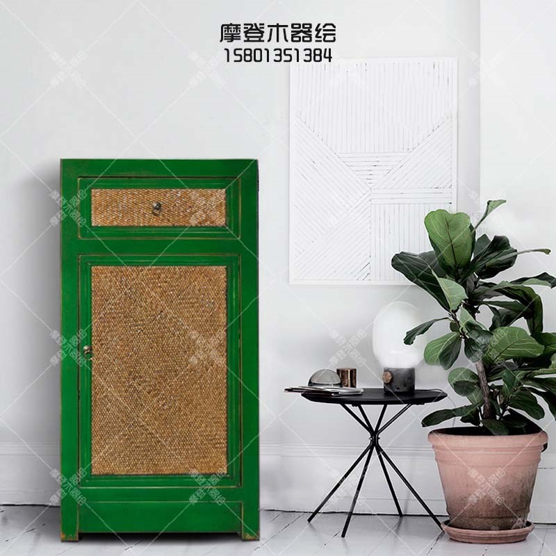 彩绘绿色席面立柜中式仿古二门柜简约衣柜衣橱鞋柜古典实木家具图片