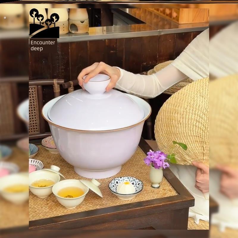 盖碗茶店专用茶杯大白色陶瓷杯餐厅家庭下午茶茶具大茶杯